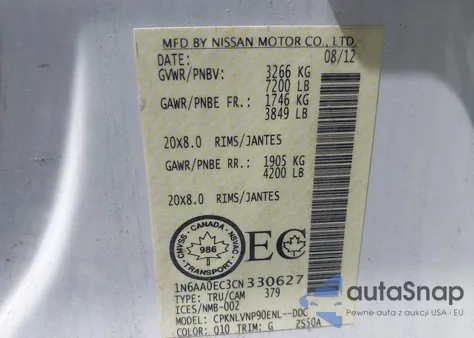 2012 Nissan Titan Pro-4X/S/Sl/Sv z USA, uszkodzony, nr VIN 1N6AA0EC3CN330627